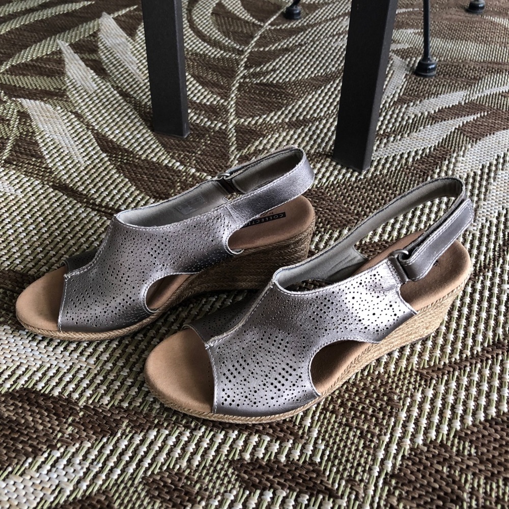 Clark’s Rosen Metallic Espadrille Wedge Sandals 7M
